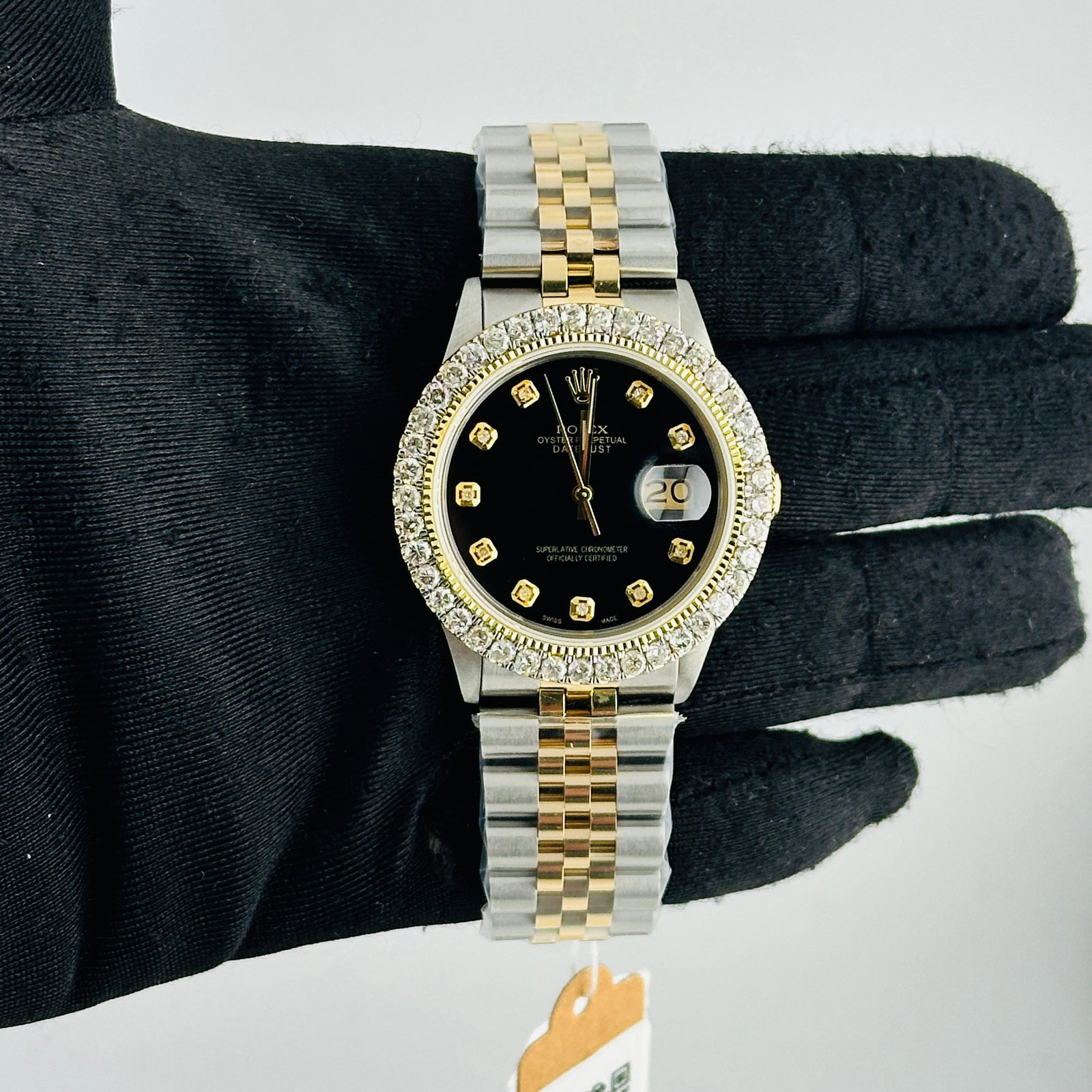 Aftermarket Black Diamond Dial Rolex Datejust Ref 16013 with Aftermarket Jubilee Bracelet: Aftermarket Black Diamond Dial Rolex Datejust Ref 16013 with Aftermarket Jubilee Bracelet This Rolex Datejust features an aftermarket black diamond dial and an aftermarket Jubilee bracelet. It is iden