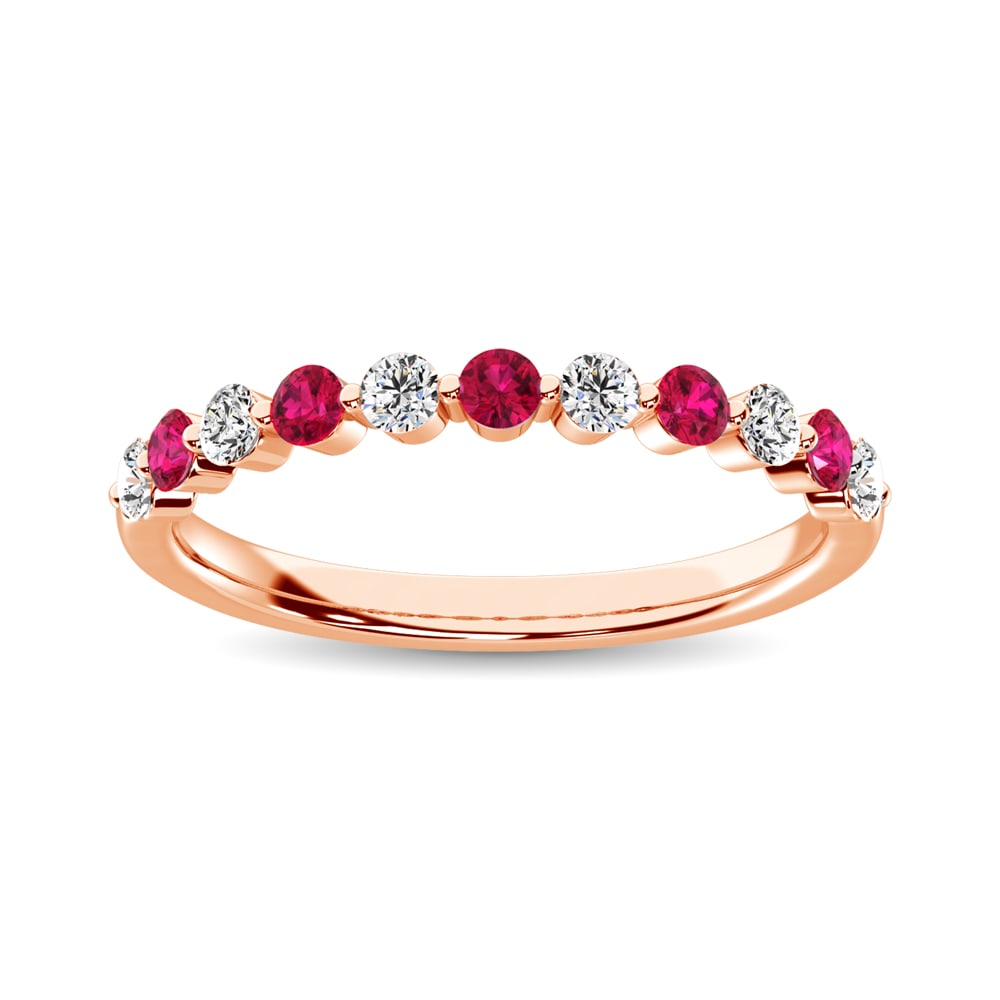 Diamond 1/2 Ct.Tw. And Alternate Ruby Stack Band in 14K Rose Gold ( 6 Diamond and 5 Ruby ): Diamond 1/2 Ct.Tw. And Alternate Ruby Stack Band in 14K Rose Gold ( 6 Diamond and 5 Ruby ) 14k Rose Gold Stone Color: G-h Stone Clarity: I1 Each ring is presented in standard size 6.5. Complimentary r
