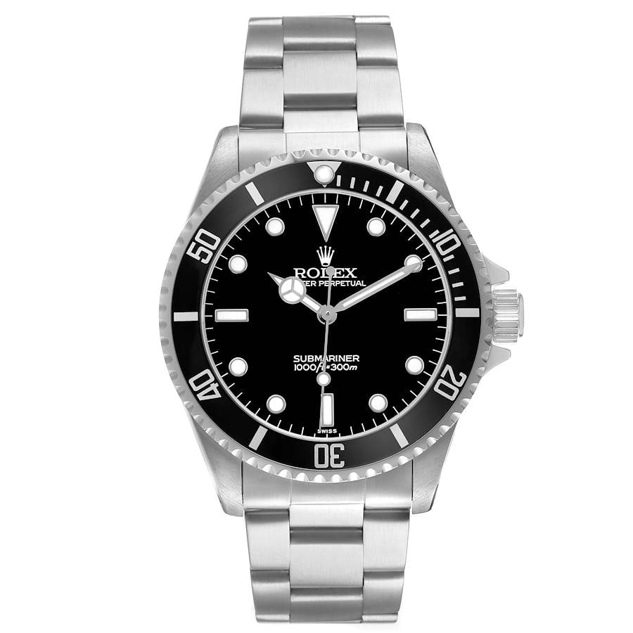 Submariner No-Date Watch Black Dial Ref 14060 with Oyster Bracelet: Submariner No-Date Watch Black Dial Ref 14060 with Oyster Bracelet This Rolex Submariner No-Date features a black dial, aluminum bezel, and is fitted with an Oyster bracelet. The watch is designed for
