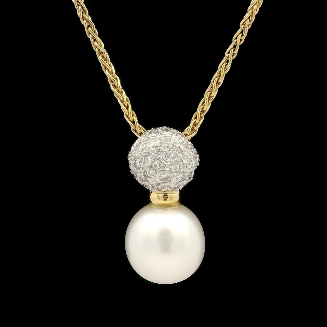 18k Gold Pearl Diamond Slide Pendant with Wheat Link Chain: 18k Gold Pearl Diamond Slide Pendant with Wheat Link Chain This stunning pendant necklace features a captivating 11.3mm round cultured pearl with a beautiful white color and impressive luster, elegant