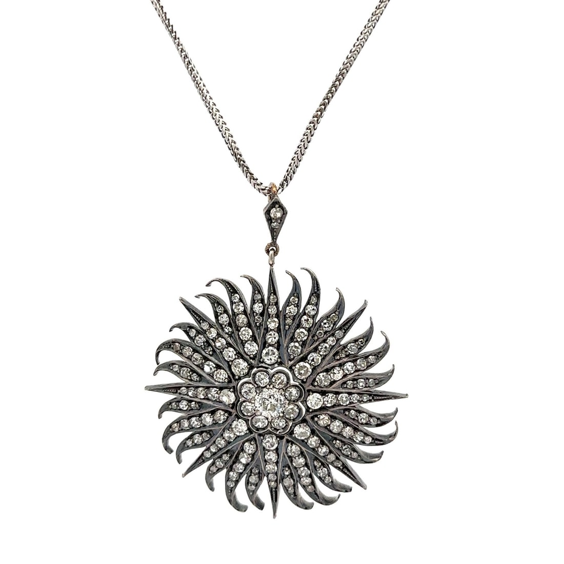 Antique Victorian 4.01ctw GIA Old Cut Diamond Pendant Necklace: Antique Victorian 4.01ctw GIA Old Cut Diamond Pendant Necklace This exquisite Antique Victorian Gold Star Burst Pendant Necklace showcases a stunning array of diamonds totaling approximately 4.01 cara