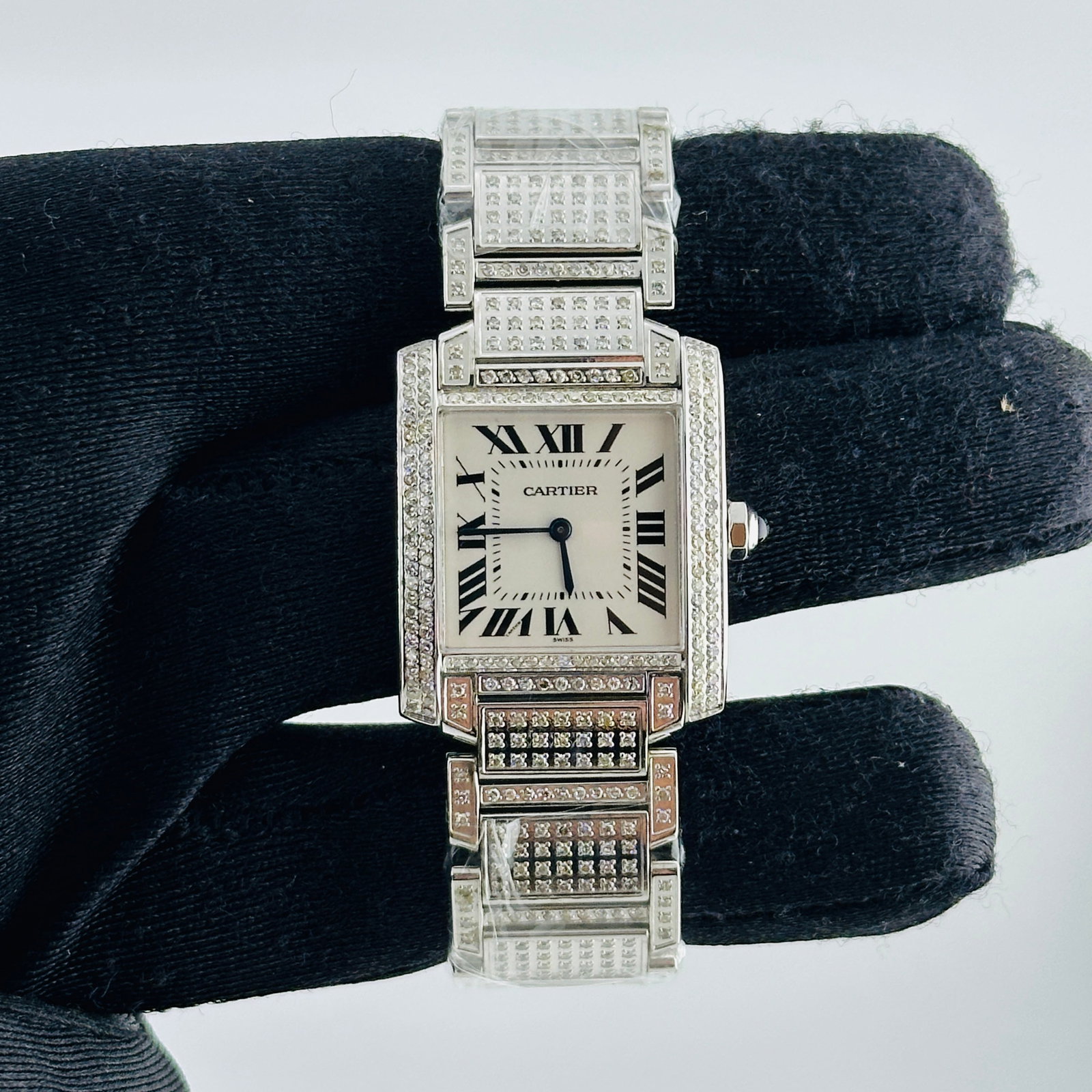 Tank Francaise Ladies Watch Ref 2301 with Diamond Bracelet and Bezel: Tank Francaise Ladies Watch Ref 2301 with Diamond Bracelet and Bezel This Cartier Tank Francaise ladies' watch features a white dial, a diamond-set bezel, and a diamond bracelet. The timepiece belongs