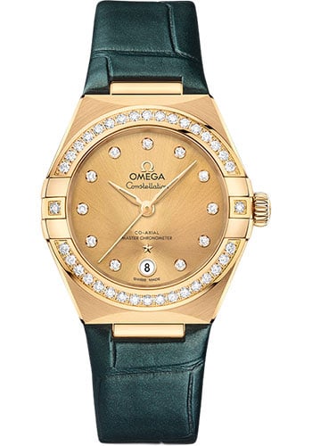 Omega Constellation Co-Axial Ladies Watch Champagne Dial Diamond Bezel Leather Strap: Omega Constellation Co-Axial Ladies Watch Champagne Dial Diamond Bezel Leather Strap This Omega Constellation Co-Axial ladies' watch features a champagne dial and a diamond bezel, complemented by a le