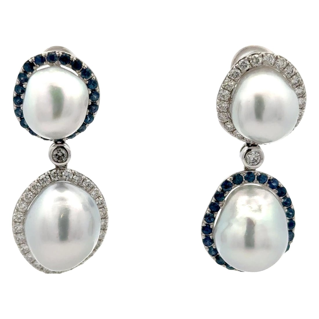 Harbor Diamonds 18K White Gold Baroque Pearl Sapphire Diamond Drop Earrings 3.44 CTTW: Harbor Diamonds 18K White Gold Baroque Pearl Sapphire Diamond Drop Earrings 3.44 CTTW Elevate your style with these stunning 18k white gold drop earrings, showcasing a contemporary design. The earring