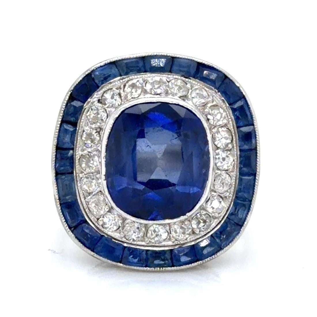 Platinum Art Deco Ring with GIA Lab-Grown Sapphire and Diamonds: Platinum Art Deco Ring with GIA Lab-Grown Sapphire and Diamonds This Art Deco ring features a GIA certified lab-grown sapphire of approximately 4.00 ct as the centerpiece, complemented by 24 natural s