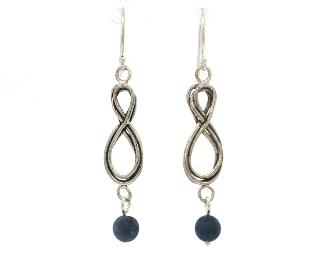 Sterling Silver Dangle Earrings with Blue Lapis Lazuli Beads: Sterling Silver Dangle Earrings with Blue Lapis Lazuli Beads Discover elegance with these stunning Sterling Silver Blue Lapis Lazuli Beads Infinity Figure 8 Dangle Drop Earrings. Crafted from high-qua