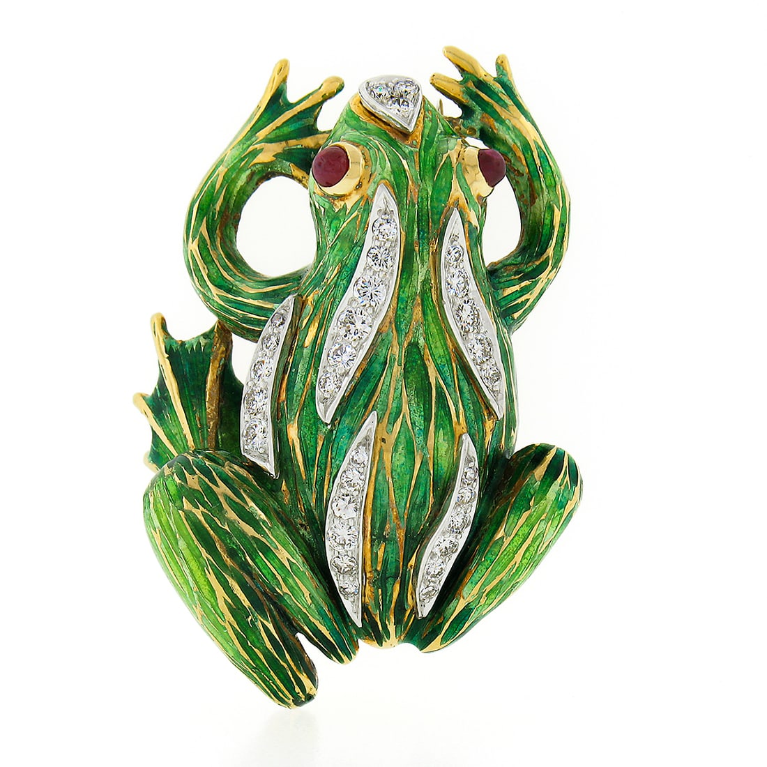 18k Gold Frog Brooch with Green Enamel Diamonds and Rubies: 18k Gold Frog Brooch with Green Enamel Diamonds and Rubies This exquisite brooch showcases a detailed frog design, crafted from solid 18k yellow gold with white gold accents. Adorned with approximatel