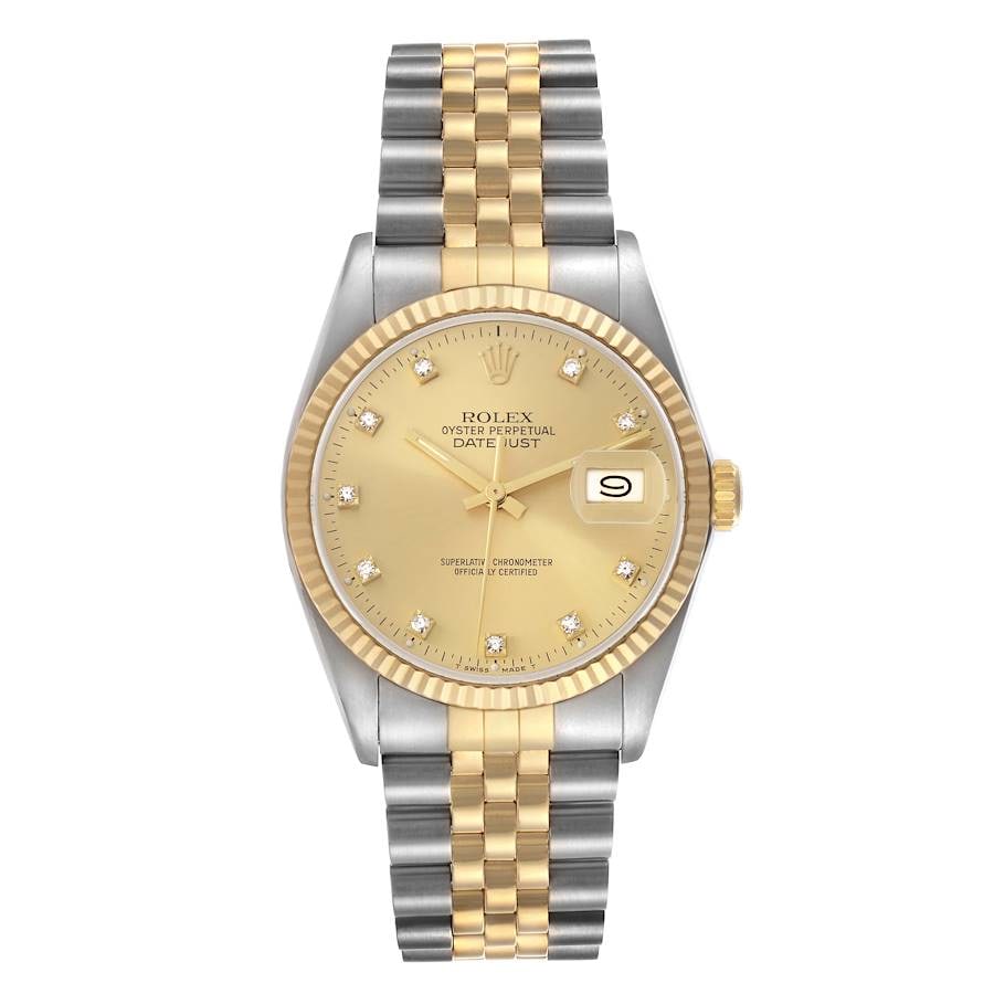 Mens Datejust Watch Ref 16013 with Champagne Diamond Dial and D Link Jubilee: Mens Datejust Watch Ref 16013 with Champagne Diamond Dial and D Link Jubilee This Rolex Datejust features a champagne diamond dial, fluted bezel, and a D-Link Jubilee bracelet. Designed for men, it ca