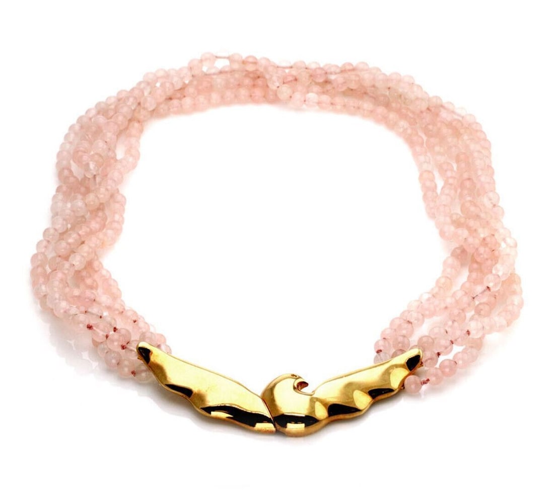 Tiffany Picasso 18k Gold and Rose Quartz Dove Bead Necklace: Tiffany Picasso 18k Gold and Rose Quartz Dove Bead Necklace This vintage necklace features a design by Paloma Picasso for Tiffany & Co., crafted from 18k yellow gold and adorned with rose quartz beads