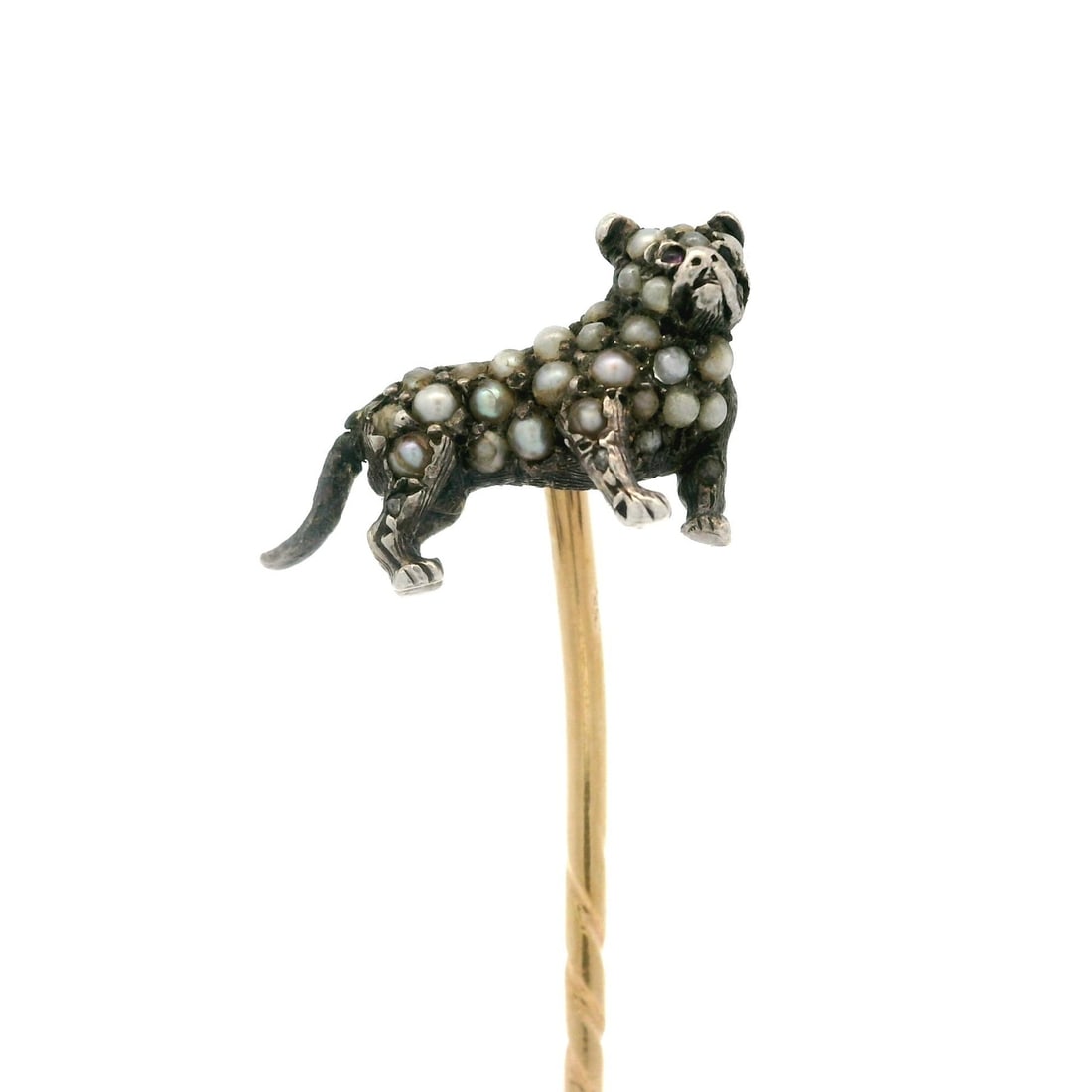 Antique 14k Yellow Gold Bulldog Stick Pin with Seed Pearls and Rubies: Antique 14k Yellow Gold Bulldog Stick Pin with Seed Pearls and Rubies This exquisite antique stick pin features a charming bulldog design, masterfully crafted from 14k yellow gold and adorned with gen