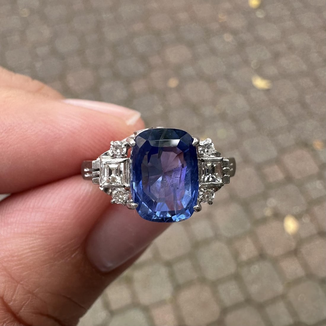 Vintage GIA Certified 3.65ctw No Heat Cushion Sapphire Diamond Ring in Platinum: Vintage GIA Certified 3.65ctw No Heat Cushion Sapphire Diamond Ring in Platinum Discover a stunning vintage cocktail ring, crafted in solid platinum and featuring a breathtaking natural sapphire. This