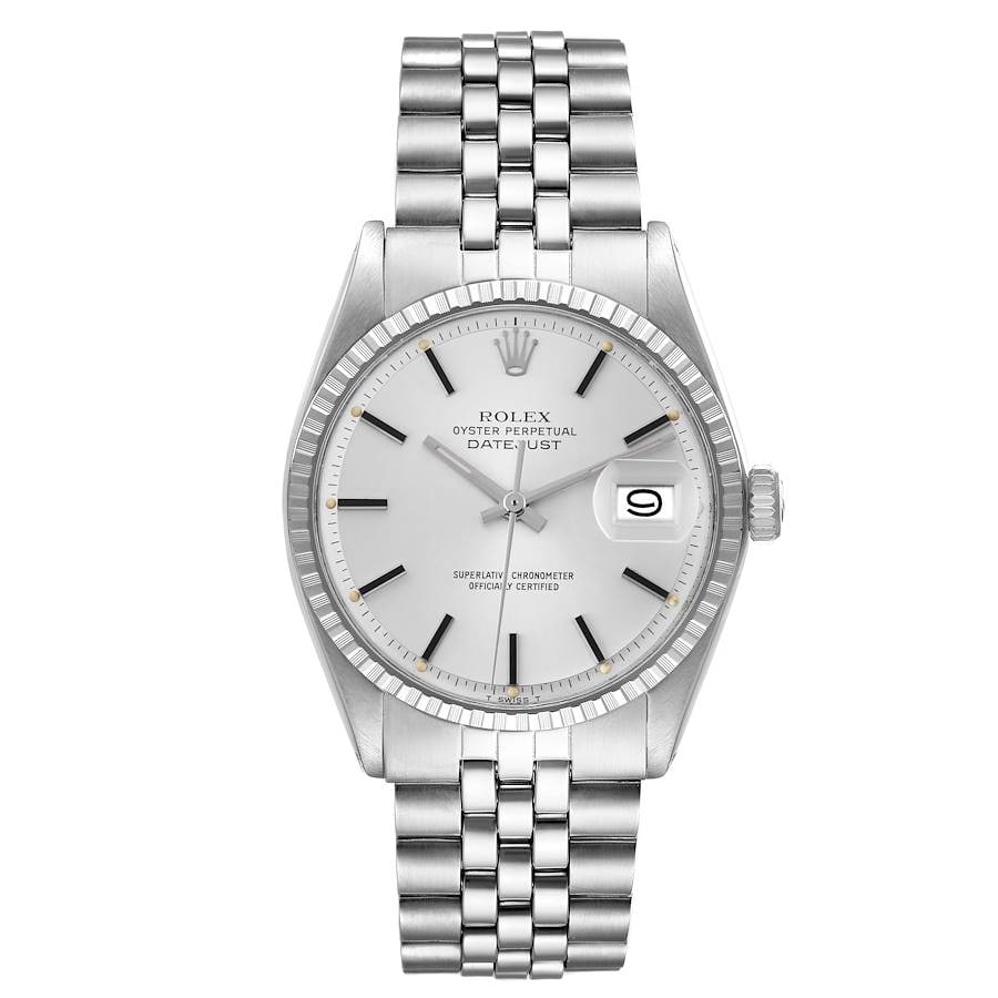 Datejust Ref 1603 Men's Watch Silver Dial D-Link Jubilee Bracelet: Datejust Ref 1603 Men's Watch Silver Dial D-Link Jubilee Bracelet This Rolex Datejust features a silver dial and an engine-turned bezel, complemented by a D-Link Jubilee bracelet. Designed for men, it