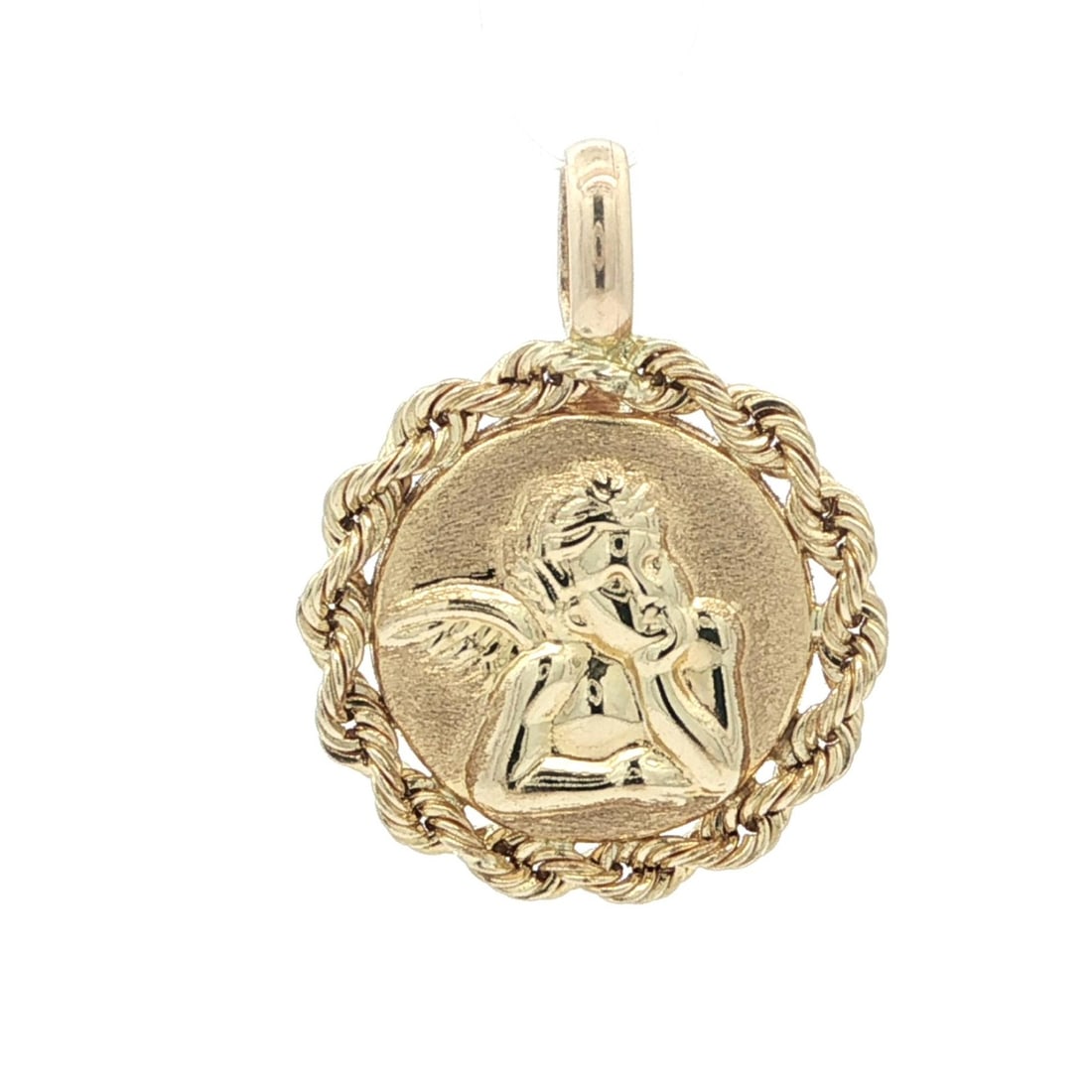 10k Yellow Gold Cherub Angel Charm Pendant with Rope Chain Border: 10k Yellow Gold Cherub Angel Charm Pendant with Rope Chain Border This exquisite charm pendant features a charming cherub angel design crafted from solid 10k yellow gold, showcasing a dual finish for