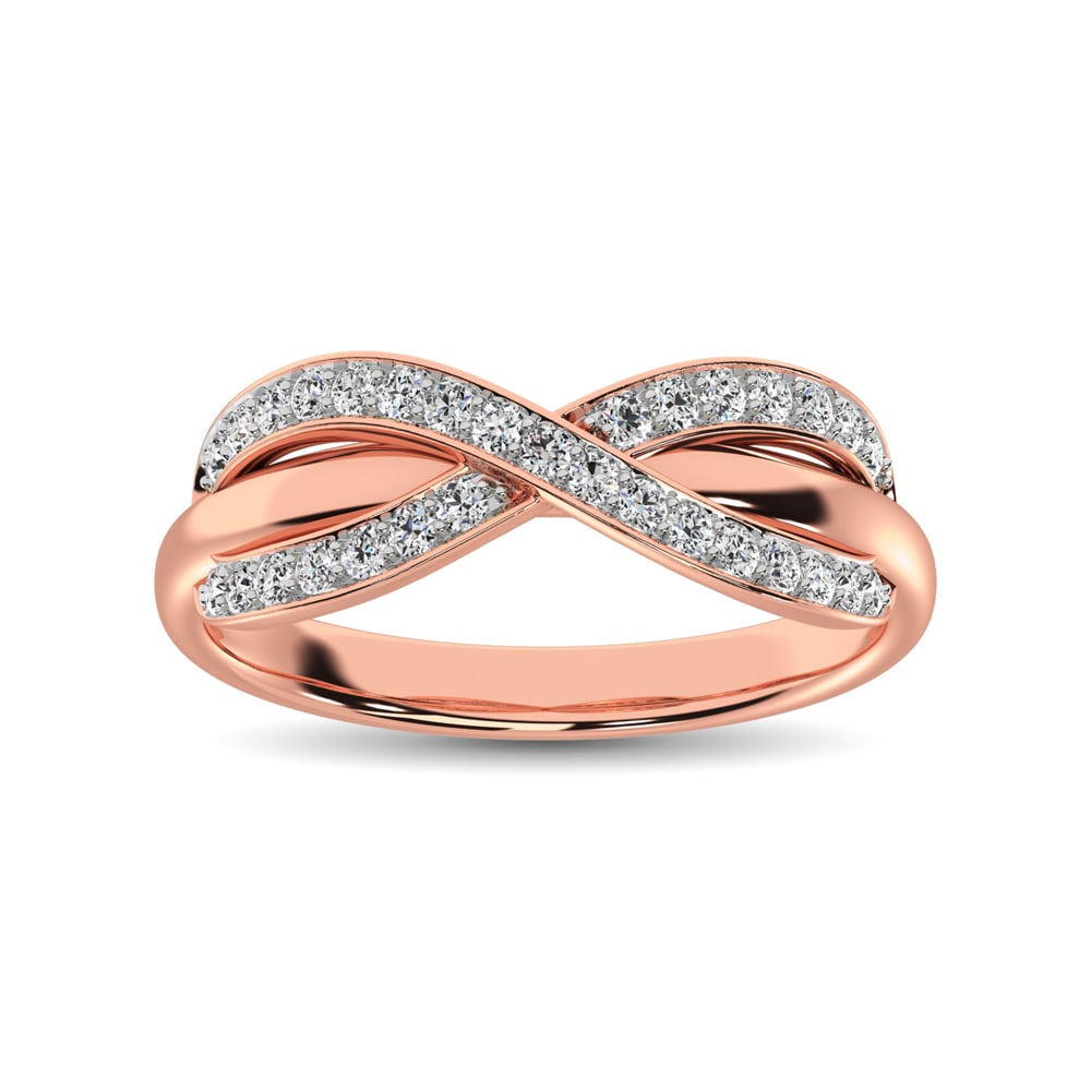 10K Rose Gold 1/4 Ct.Tw. Diamond Cross Over Ring: 10K Rose Gold 1/4 Ct.Tw. Diamond Cross Over Ring This stunning ring is available in 10K Rose Gold. There are 31 round diamonds with a total carat weight of 1/4 Ct.Tw. set in a Prong setting. 10k Rose