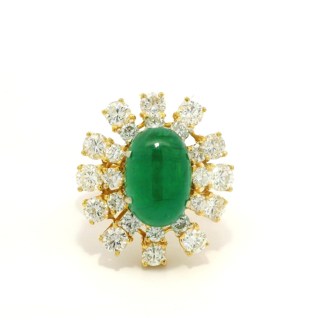 Handmade 18k Yellow Gold GIA 5.83ctw Emerald Diamond Halo Ring: Handmade 18k Yellow Gold GIA 5.83ctw Emerald Diamond Halo Ring This exquisite cocktail ring features a stunning 18k yellow gold setting, showcasing a natural cabochon emerald at its center. The emeral