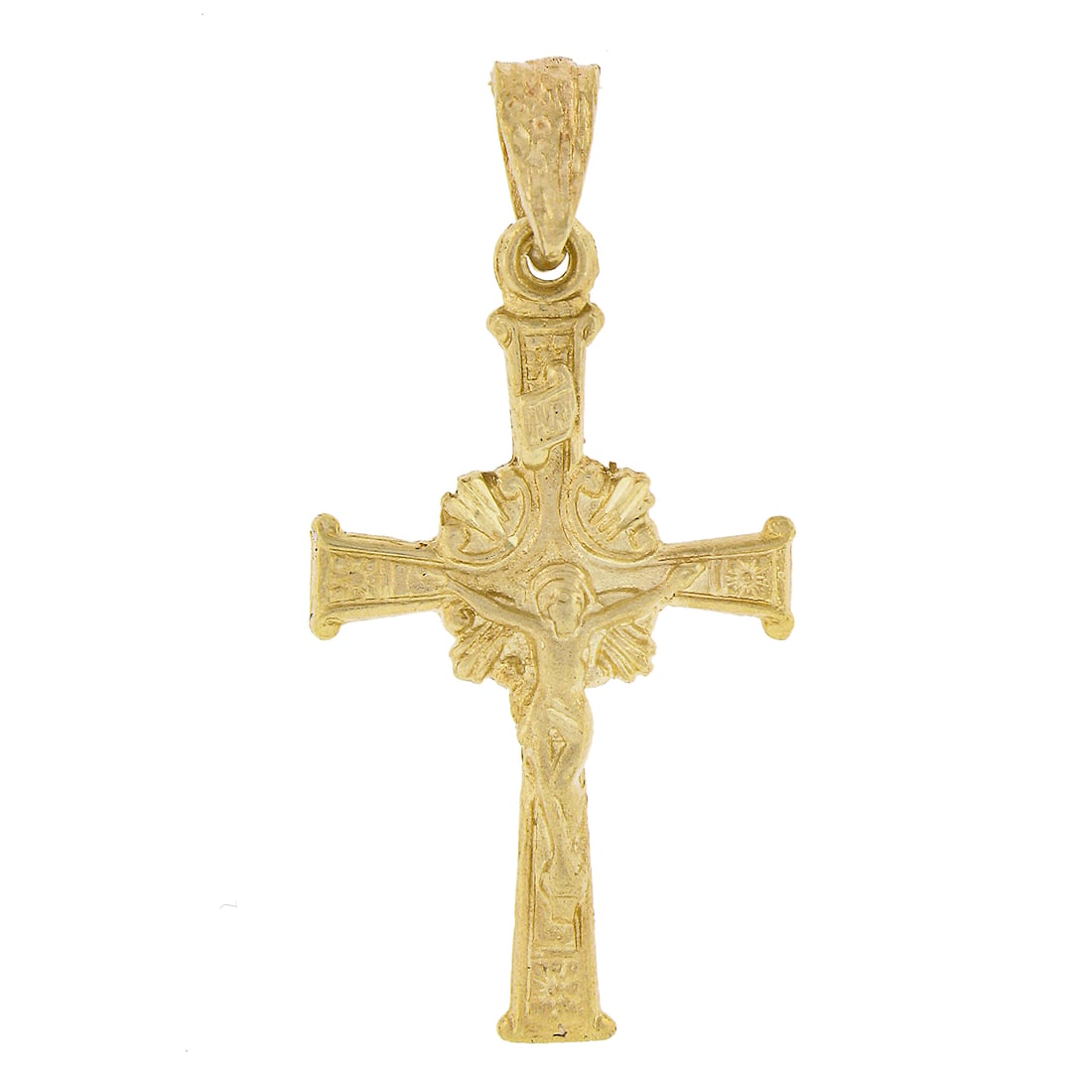 Vintage 14k Yellow Gold Repousse Crucifix Cross Charm Pendant: Vintage 14k Yellow Gold Repousse Crucifix Cross Charm Pendant This vintage unisex charm pendant features a classic crucifix cross design, crafted from solid 14k yellow gold. Its intricate repousse wor