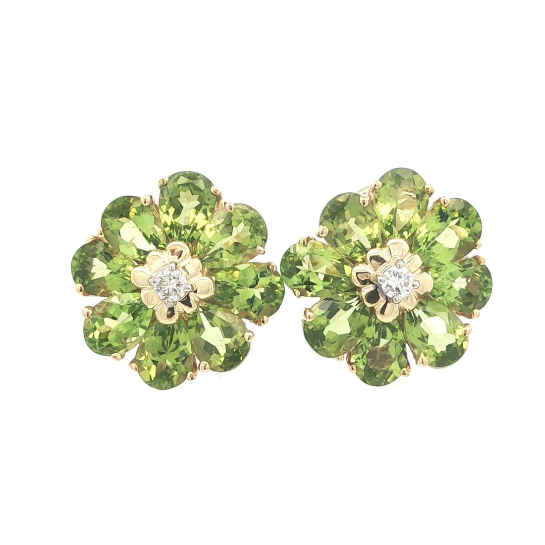 14k Yellow Gold Peridot and Diamond Omega Back Stud Earrings by Maz: 14k Yellow Gold Peridot and Diamond Omega Back Stud Earrings by Maz These elegant stud earrings feature pear-shaped natural peridots arranged in a floral pattern, accented by round brilliant cut natur