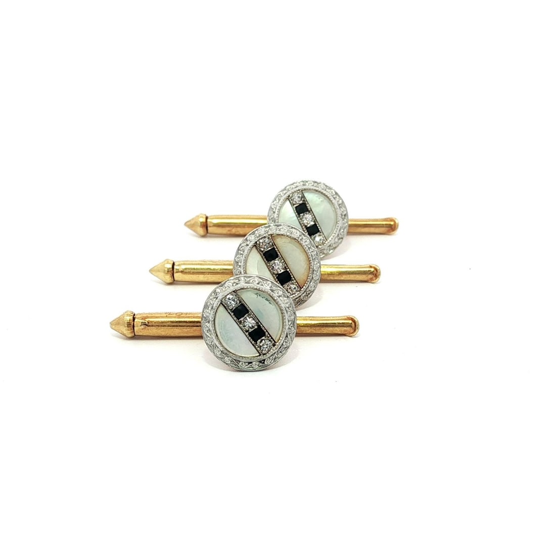 Larter & Sons Art Deco 18k Gold Platinum Diamond Mother Of Pearl Set of 3 Buttons: Larter & Sons Art Deco 18k Gold Platinum Diamond Mother Of Pearl Set of 3 Buttons This exquisite set of three shirt buttons by Larter & Sons features a stunning combination of materials and craftsmans