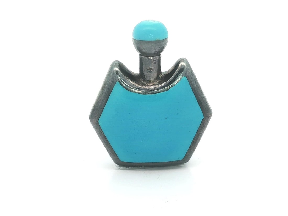 Vintage French Sterling Silver Turquoise Enamel Perfume Bottle: Vintage French Sterling Silver Turquoise Enamel Perfume Bottle This exquisite vintage perfume scent bottle showcases stunning turquoise blue enamel work set in solid sterling silver, expertly crafted