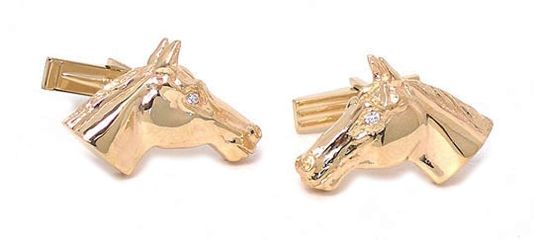 Diamond Horse Head Cufflinks in 14k Yellow Gold: Diamond Horse Head Cufflinks in 14k Yellow Gold These cufflinks feature an intricate horse head design crafted in 14k yellow gold. Accented with shimmering diamonds, they offer a sophisticated and dis