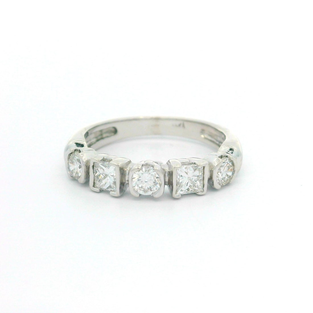 14k White Gold 0.75ctw Diamond Band 5 Stone Princess Round Cut: 14k White Gold 0.75ctw Diamond Band 5 Stone Princess Round Cut This exquisite ring features a stunning arrangement of five natural genuine diamonds, including three round brilliant and two princess cu