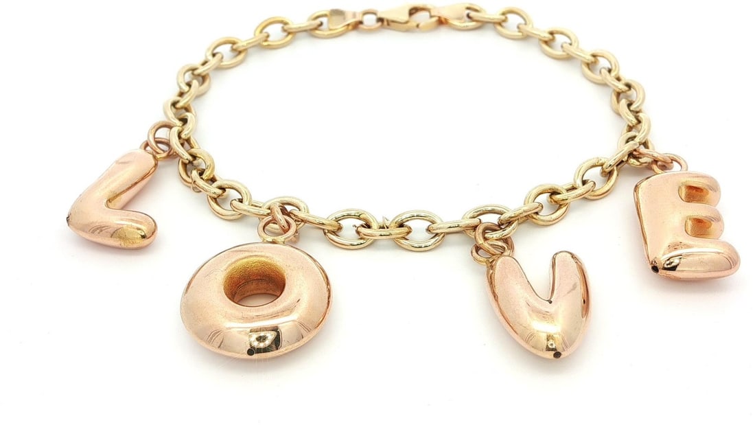 Italian 14k Gold LOVE Charm Bracelet Open Link Chain: Italian 14k Gold LOVE Charm Bracelet Open Link Chain This exquisite bracelet features the word "LOVE" in puffed dangle charm letters, crafted from solid 14k yellow gold with rosy yellow gold accents.
