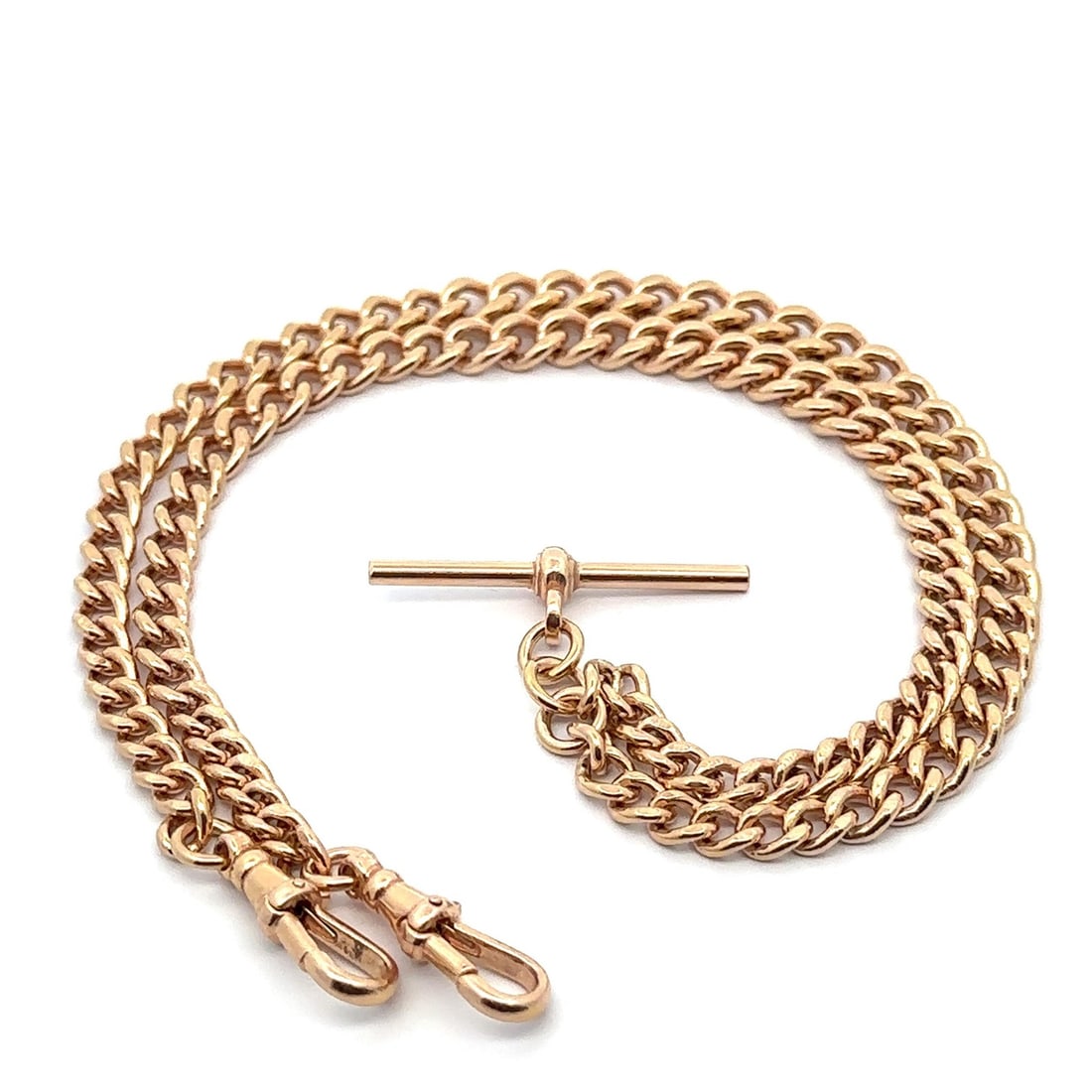 9ct Yellow Gold Curb Chain Necklace with Sliding Bar and Dual Dog Clips 20 Inch: 9ct Yellow Gold Curb Chain Necklace with Sliding Bar and Dual Dog Clips 20 Inch This vintage 20-inch curb link watch chain necklace is crafted from solid 9ct yellow gold, with every link stamped. It f