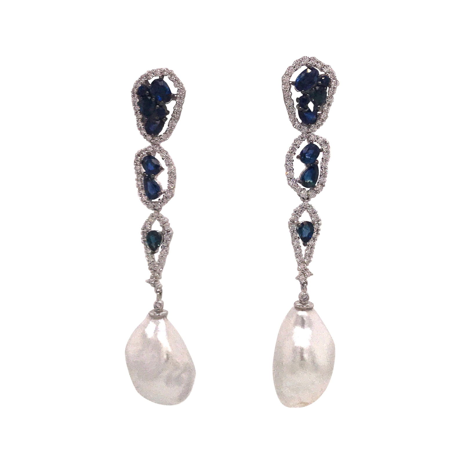 Harbor Diamonds 18K White Gold Sapphire Pearl Drop Earrings 4.38 Carat: Harbor Diamonds 18K White Gold Sapphire Pearl Drop Earrings 4.38 Carat Elevate your elegance with these stunning drop earrings crafted from 18K white gold. Featuring a total of 16 blue sapphires weigh