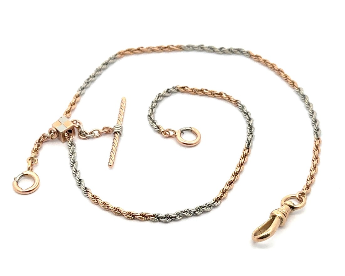 Vintage Rope Link 17.5 Inch Gold Platinum Watch Chain Necklace: Vintage Rope Link 17.5 Inch Gold Platinum Watch Chain Necklace This stunning vintage rope watch chain necklace showcases a unique design, expertly crafted from solid 12-14k yellow gold complemented by