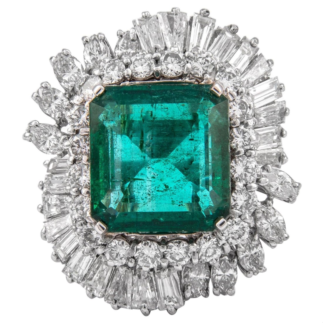 GIA Certified 13.07ct Emerald 8.90ct Diamond Ring in 18k White Gold: GIA Certified 13.07ct Emerald 8.90ct Diamond Ring in 18k White Gold This stunning vintage ring features a captivating 13.07ct Zambian emerald, certified by GIA (Report No. 5221840192). The emerald is