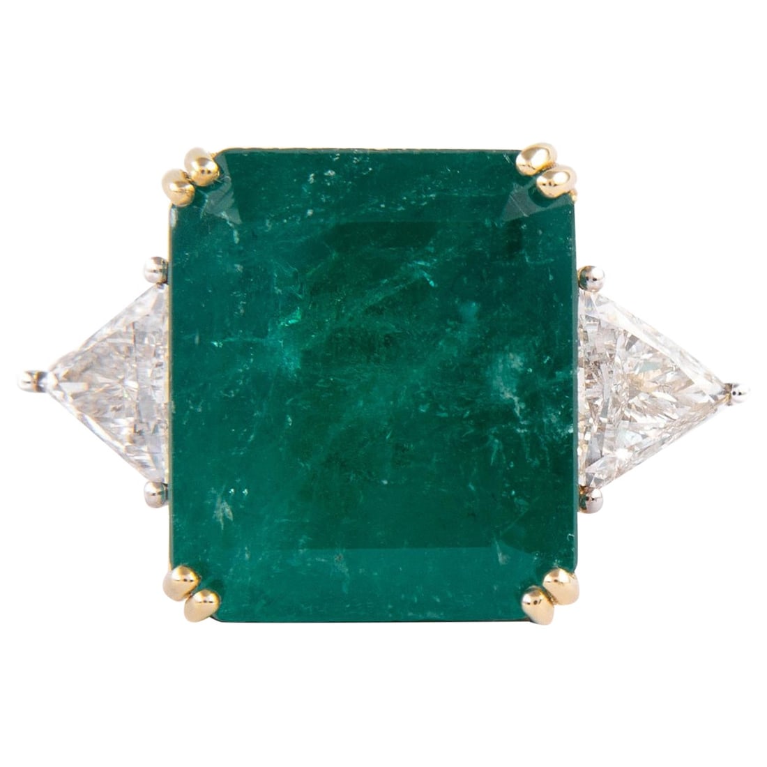 GIA 13.98ct Colombian Emerald Diamond 3-Stone Ring 18k Gold: GIA 13.98ct Colombian Emerald Diamond 3-Stone Ring 18k Gold This stunning 3-stone ring showcases a magnificent 13.98ct Colombian emerald certified by GIA, complemented by two exquisite trilliant diamo