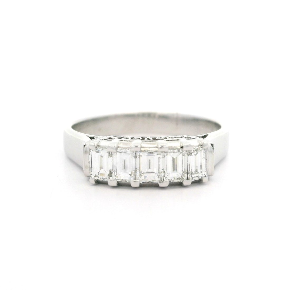 Vintage Platinum 1.01ctw Emerald Cut Diamond Stackable Band Ring: Vintage Platinum 1.01ctw Emerald Cut Diamond Stackable Band Ring This exquisite vintage band ring features five natural emerald cut diamonds, each prong set for maximum brilliance. With a total carat