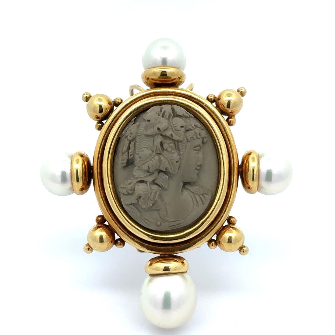18k Yellow Gold Lava Cameo Pendant Brooch with Cultured Pearls Lady Portrait: 18k Yellow Gold Lava Cameo Pendant Brooch with Cultured Pearls Lady Portrait This elegant pendant and brooch features a heavy solid 18k yellow gold frame with a finely carved gray oval lava cameo depi