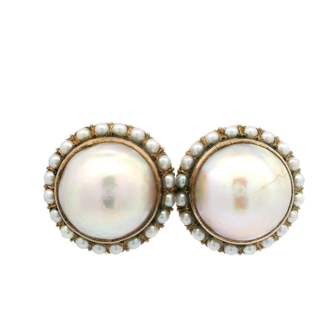 Antique 9-10k Rosy Yellow Gold Mabe Pearl Halo Screw Earrings: Antique 9-10k Rosy Yellow Gold Mabe Pearl Halo Screw Earrings These exquisite antique earrings feature a stunning design with two genuine cultured Mabe pearls, each approximately 12.5mm in round shape