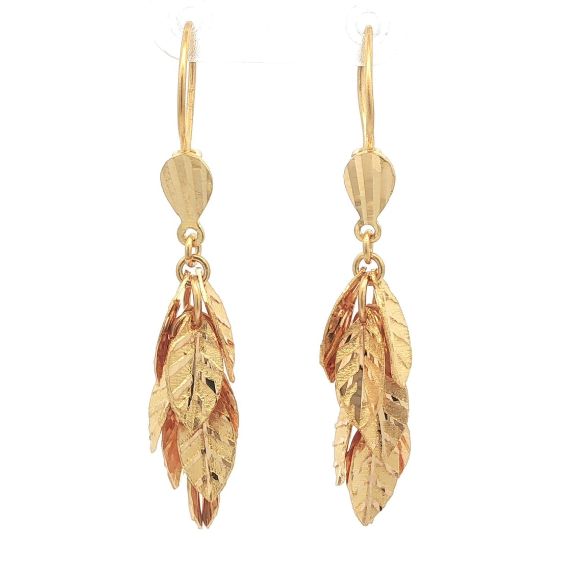 21k Yellow Gold Textured Leaf Cluster Dangle Earrings: 21k Yellow Gold Textured Leaf Cluster Dangle Earrings Add a touch of elegance to your look with these stunning 21k Yellow Gold Textured Leaf Cluster Dangle Earrings. Crafted from solid 21k yellow gold