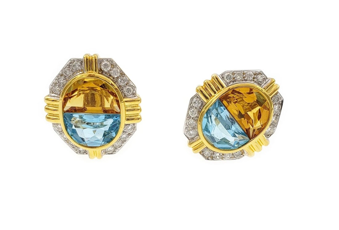 Estate 18k Gold Diamond Topaz Citrine Clip Earrings 20 Carats: Estate 18k Gold Diamond Topaz Citrine Clip Earrings 20 Carats Adorn your ears with these exquisite Estate Diamond Topaz Citrine Earrings, beautifully crafted from 18k yellow gold with elegant white go