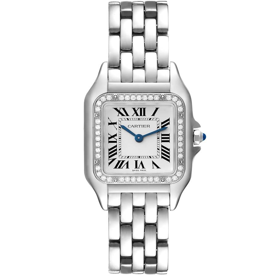 Panthere Midsize Ladies Watch Silver Roman Dial Factory Diamond Bezel 4016/W4PN0008: Panthere Midsize Ladies Watch Silver Roman Dial Factory Diamond Bezel 4016/W4PN0008 This Cartier Panthere Midsize timepiece features a silver Roman dial and a factory diamond bezel. It is designed wit