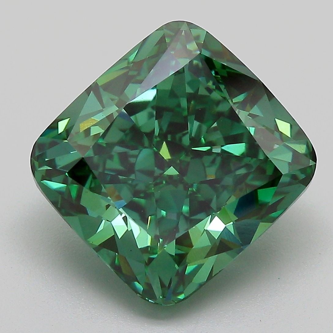 Loose Diamond - CUSHION MODIFIED 7.14ct Fancy Vivid Green VS1: Loose Diamond - CUSHION MODIFIED 7.14ct Fancy Vivid Green VS1 Source: This is a real non-mined Diamond that has been grown in a lab Shape: CUSHION MODIFIED Carats: 7.14 Color: Fancy Vivid Green Certif