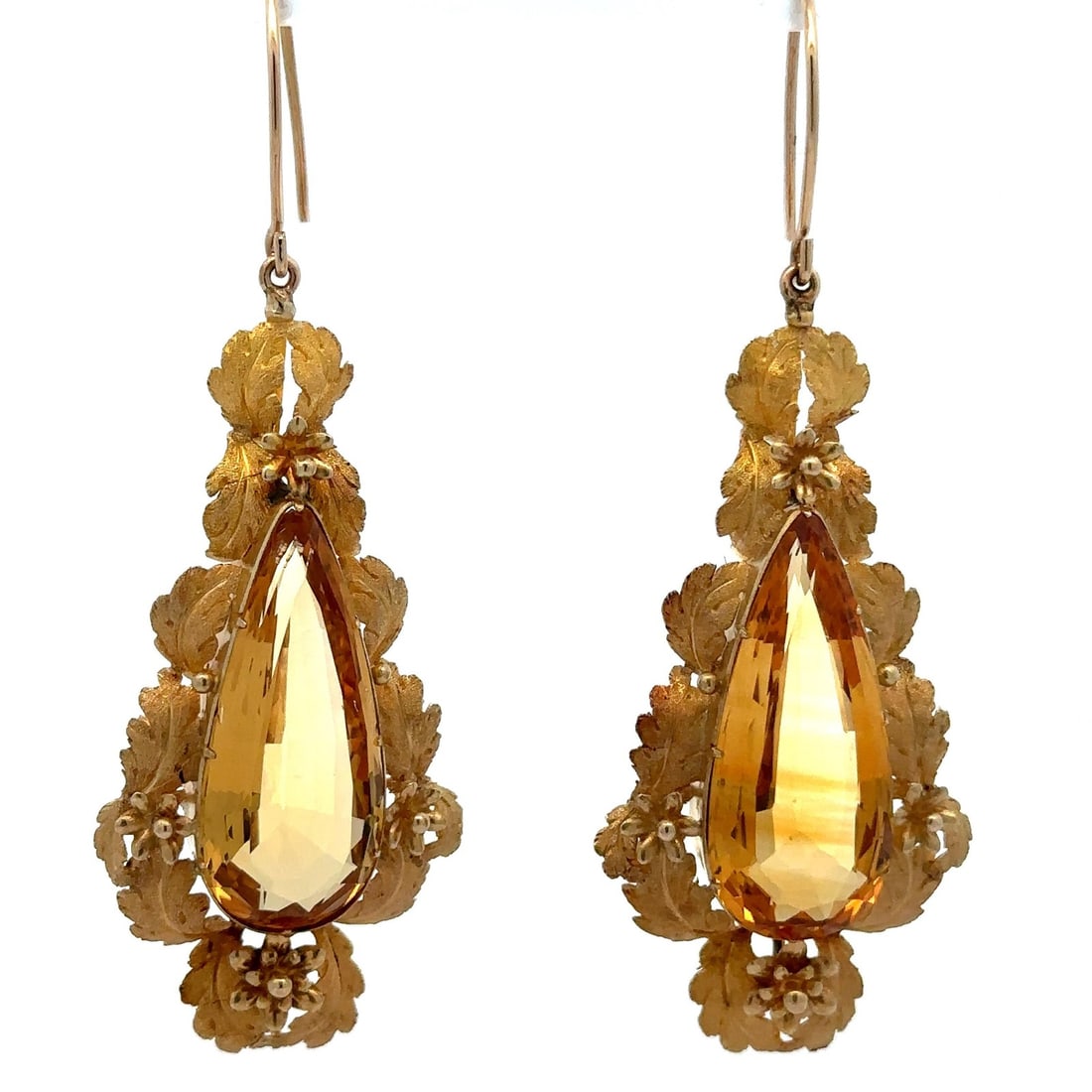 Vintage Etruscan Revival 14k Gold Citrine Teardrop Leaf Earrings: Vintage Etruscan Revival 14k Gold Citrine Teardrop Leaf Earrings These stunning vintage Etruscan Revival earrings are crafted from solid 14k yellow gold, featuring two natural genuine citrines in an e