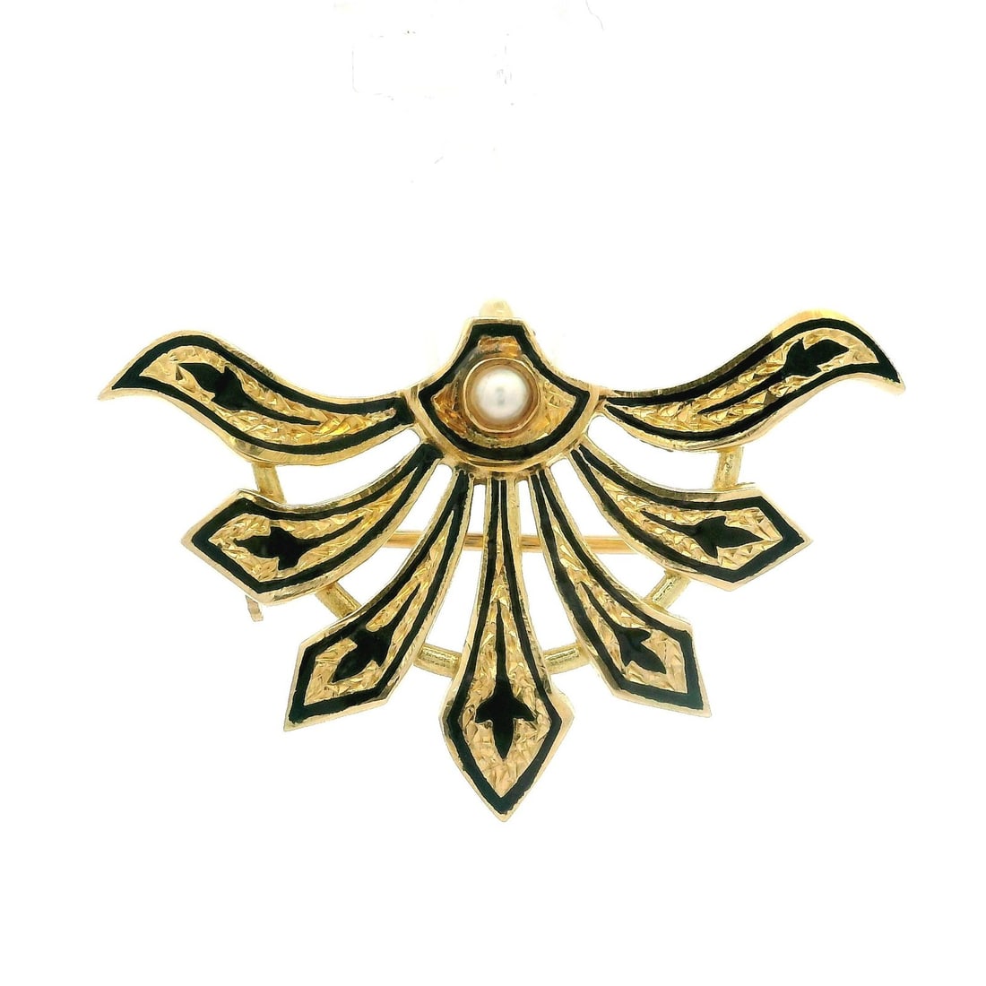 Vintage Victorian Revival 14k Gold Pearl Black Enamel Mourning Brooch Pendant: Vintage Victorian Revival 14k Gold Pearl Black Enamel Mourning Brooch Pendant This exquisite Vintage Victorian Revival brooch pendant features a beautifully hand-etched black enamel design, perfect fo