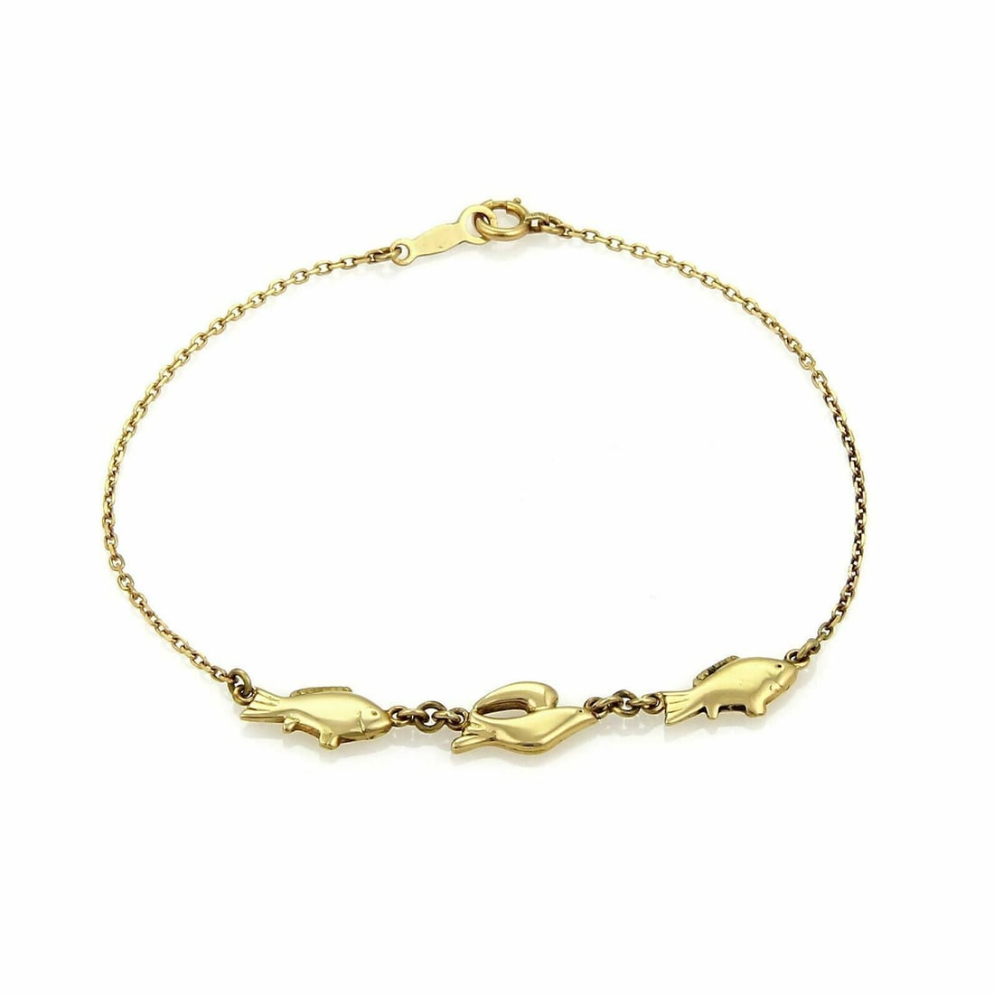 Mikimoto 18k Gold Chain Bracelet with Three Fish Charms: Mikimoto 18k Gold Chain Bracelet with Three Fish Charms This Mikimoto bracelet features a chain design crafted from 18k yellow gold and is adorned with three fish-shaped charms. The bracelet is signed