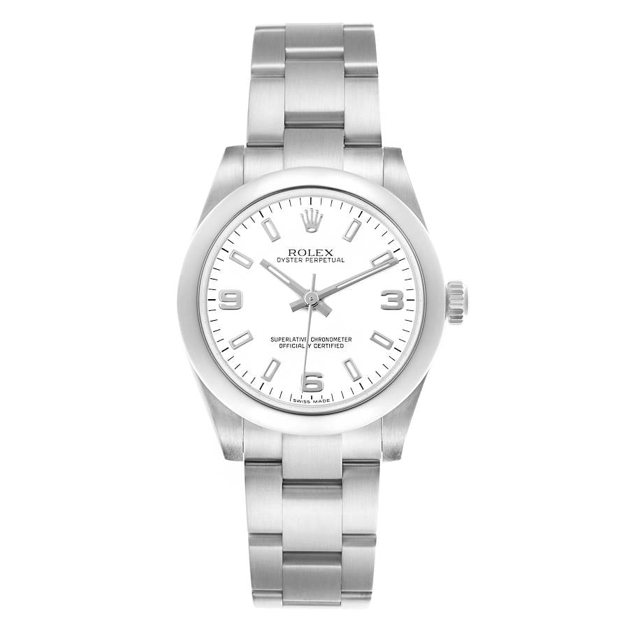 Ladies Rolex Oyster Perpetual 177200 White Dial with Oyster Bracelet 2016 Card: Ladies Rolex Oyster Perpetual 177200 White Dial with Oyster Bracelet 2016 Card This Rolex Oyster Perpetual features a white dial and is designed for ladies. The timepiece is equipped with a smooth bez