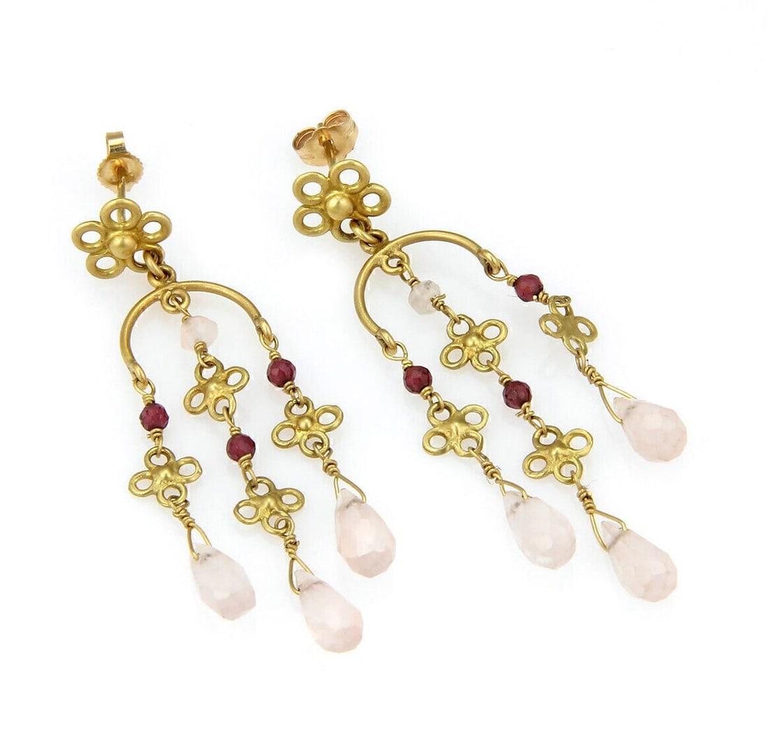 Pair of 18k Gold Chandelier Earrings with Multicolor Briolette Gemstones: Pair of 18k Gold Chandelier Earrings with Multicolor Briolette Gemstones These chandelier dangle earrings feature a graceful design crafted from solid 18k yellow gold, adorned with vibrant multi-color