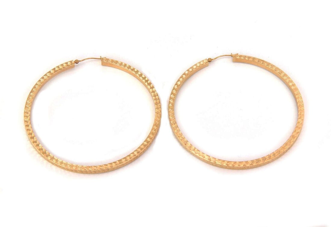 Large 14k Yellow Gold Diamond Cut Hoop Earrings Pair (1 of 4)