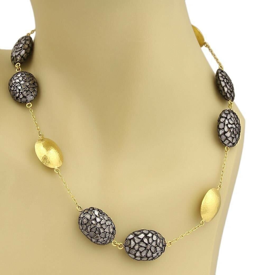 18 Inch Necklace With Sliced Diamonds In 24k Gold And Sterling By Gurhan Pastiche: 18 Inch Necklace With Sliced Diamonds In 24k Gold And Sterling By Gurhan Pastiche This Gurhan Pastiche Station Necklace features sliced diamonds set in 24k gold and sterling silver with black rhodium