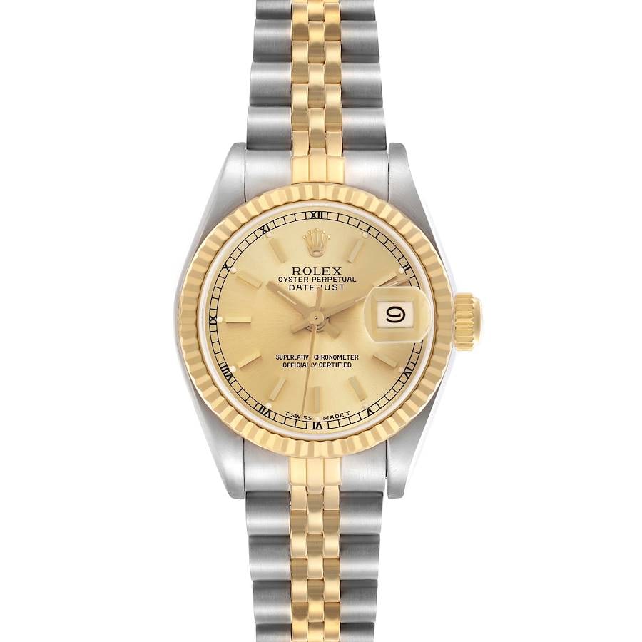 Champagne Stick Dial Datejust Lady Ref 69173 Jubilee Bracelet with Papers 1989: Champagne Stick Dial Datejust Lady Ref 69173 Jubilee Bracelet with Papers 1989 This Rolex Datejust Lady watch features a champagne stick dial, fluted bezel, and Jubilee bracelet. It is a ladies' timep