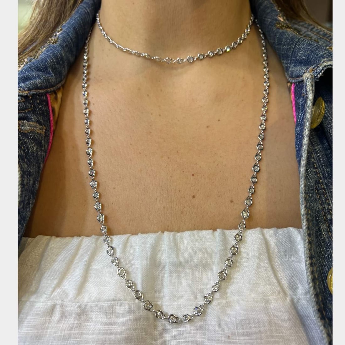 Platinum 17.16 Ct Diamond By The Yard Necklace 42 Inches: Platinum 17.16 Ct Diamond By The Yard Necklace 42 Inches This stunning Platinum Necklace features a classic 'by the yard' design, elegantly showcasing a total of 143 diamonds with a combined weight of