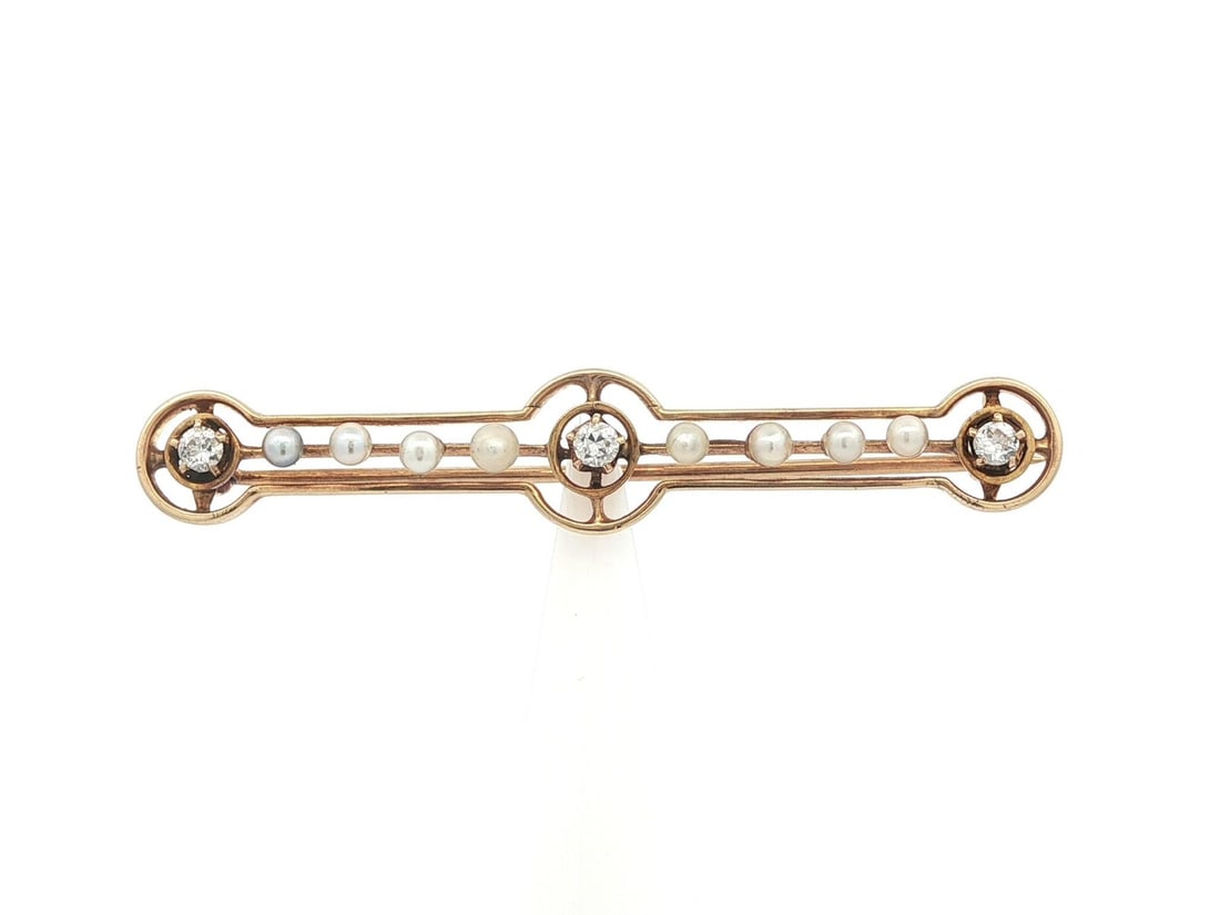 Antique 14k Yellow Gold Diamond and Seed Pearl Bar Pin Brooch: Antique 14k Yellow Gold Diamond and Seed Pearl Bar Pin Brooch This exquisite antique bar pin brooch is crafted from solid 14k yellow gold and adorned with a stunning arrangement of both diamonds and c