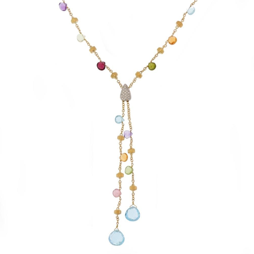 Marco Bicego Paradise Necklace 18k Gold Multicolor Gemstones Lariat: Marco Bicego Paradise Necklace 18k Gold Multicolor Gemstones Lariat This exquisite necklace from Marco Bicego's Paradise Collection showcases a stunning design crafted from 18k yellow gold with a luxu