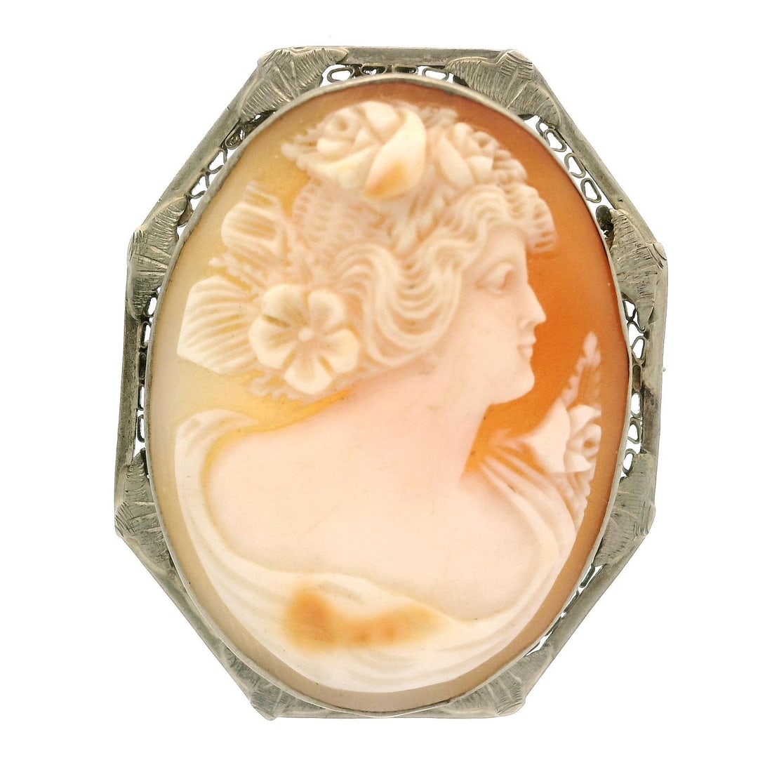 Antique Art Deco 14k White Gold Carved Cameo Shell Brooch: Antique Art Deco 14k White Gold Carved Cameo Shell Brooch This exquisite Antique Classic Art Deco brooch features a beautifully carved natural genuine shell, showcasing a stunning salmon base with off